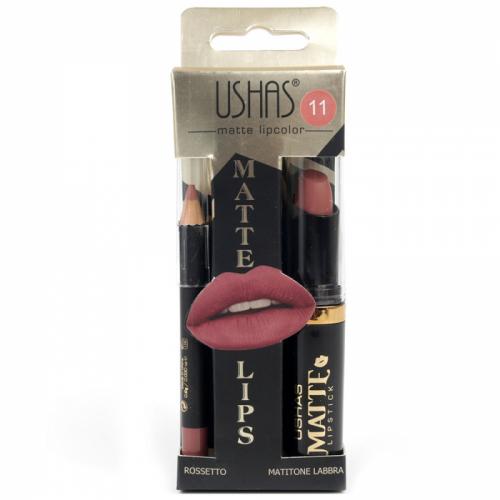Set buze cu Ruj Mat si Creion de buze - USHAS Matte Lips - 11 Indecent - Produse de Machiaj - Make-up Buze